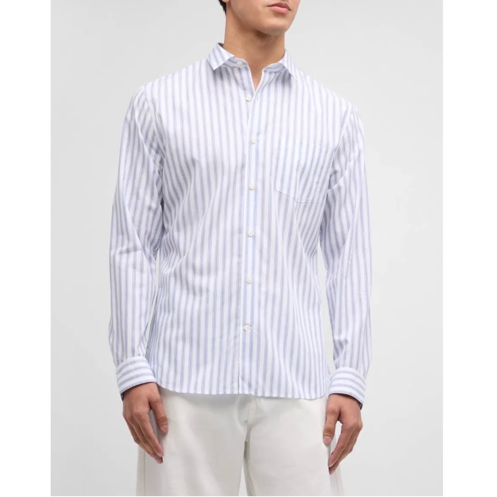 E2 Vince Mens Classic‎ Fit Surf Striped Button Down Shirt Blue White Long Sleeve